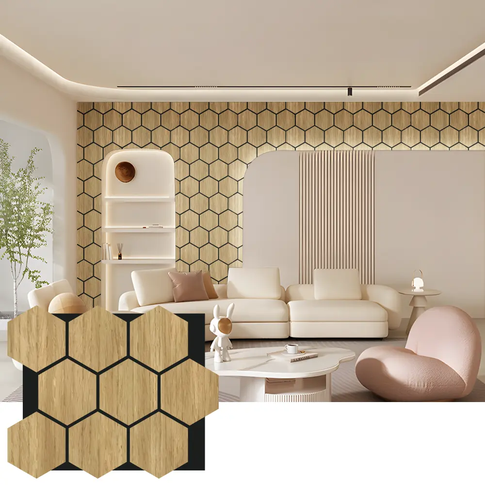 Hexagon Acoustic Wood Wall Panels ສໍາລັບການອອກແບບພາຍໃນ Hexagon Acoustic Wood Wall Panels ສໍາລັບການອອກແບບພາຍໃນ