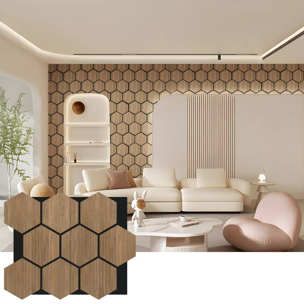 Hexagon Acoustic Wood Wall Panels ສໍາລັບການອອກແບບພາຍໃນ